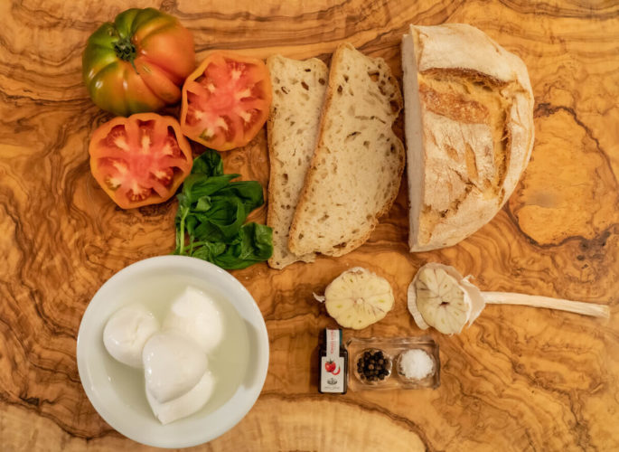 Bruschetta with heritage tomatoes and burrata